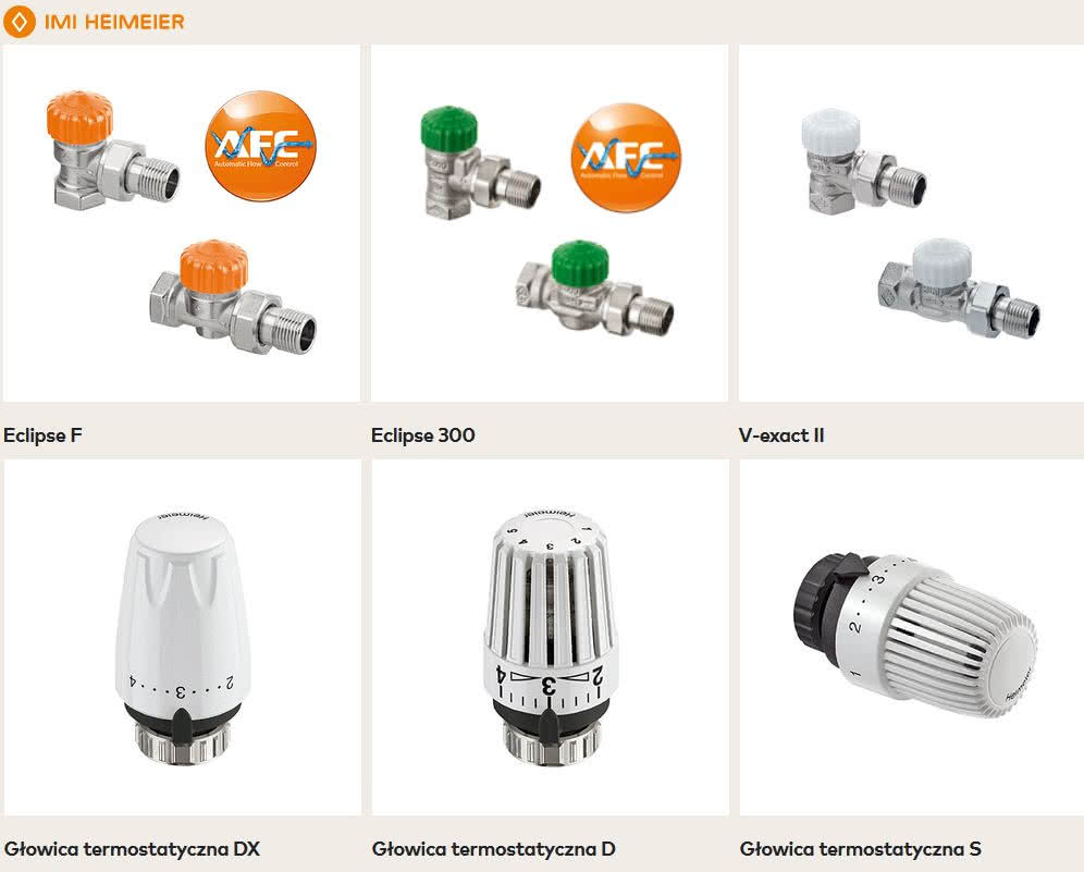 Wybrana oferta zaworów grzejnikowych (AFC - automatyczna regulacja przepływu) i głowic termostatycznych marki IMI HEIMEIER. fot. IMI Hydronic Engineering