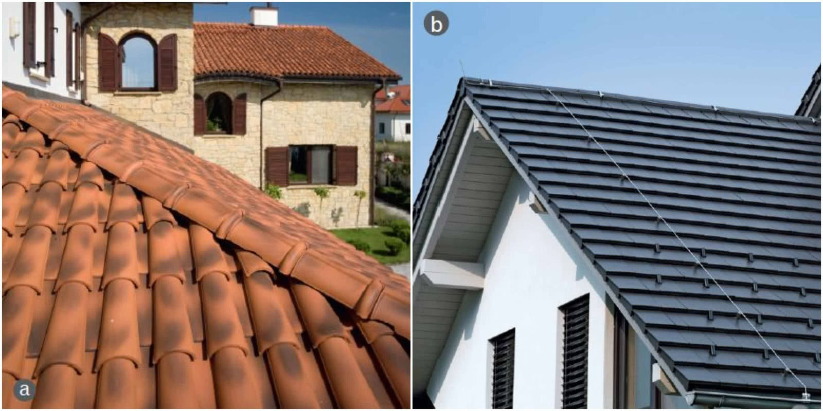 Dachówka ceramiczna w tradycyjnym kolorze i płaska dachówka w szarym kolorze. Dachówka ceramiczna w tradycyjnym kolorze i płaska dachówka w szarym kolorze.